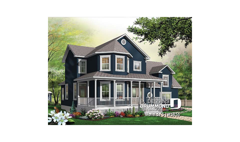 Vue avant - MODÈLE DE BASE - Plan de maison champêtre victorienne, 3 chambres + pièce boni + bureau avec foyer, garage double, plafond 9' - Mathilde 5