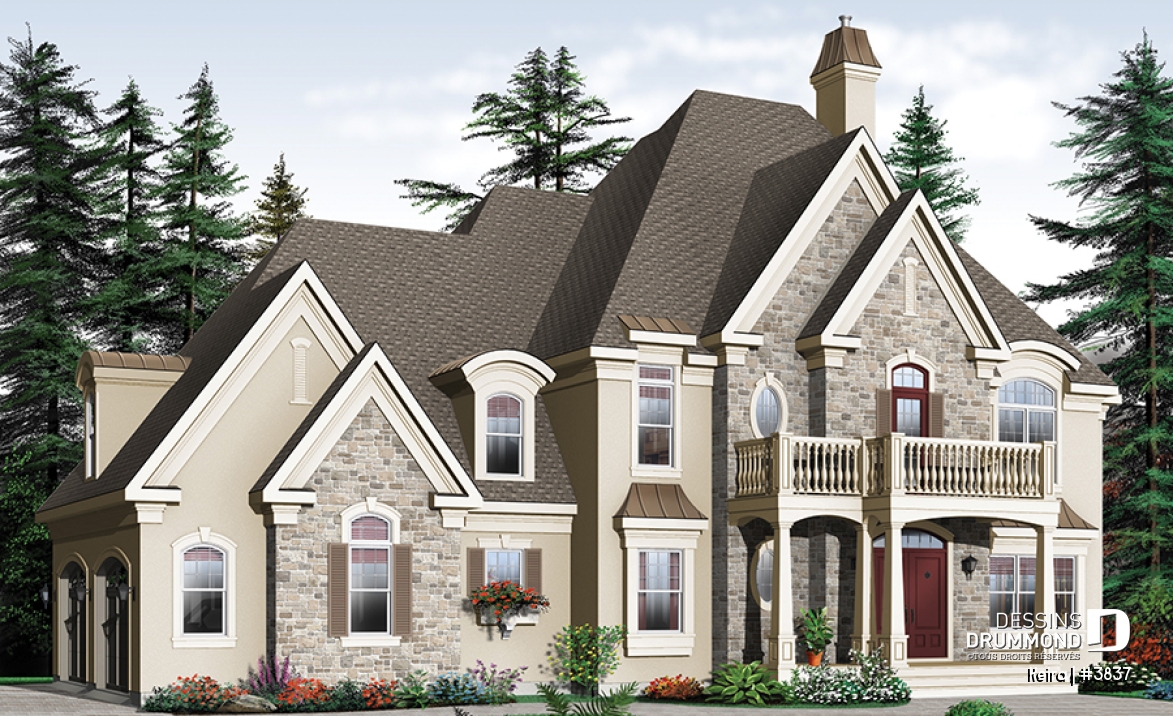Vue avant - MODÈLE DE BASE - Plan de maison luxueuse, garage double, bureau, 2 salons, foyer sur 4 faces, dînette en solarium - Keira