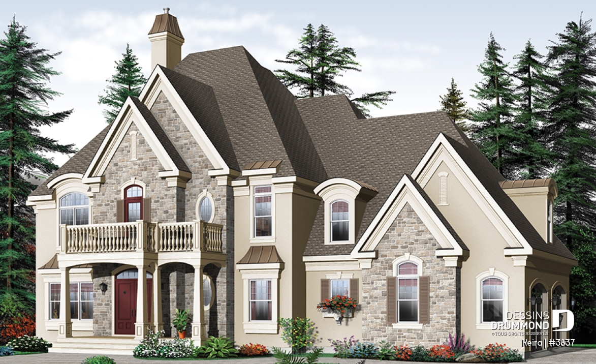Vue avant - MODÈLE DE BASE - Plan de maison luxueuse, garage double, bureau, 2 salons, foyer sur 4 faces, dînette en solarium - Keira