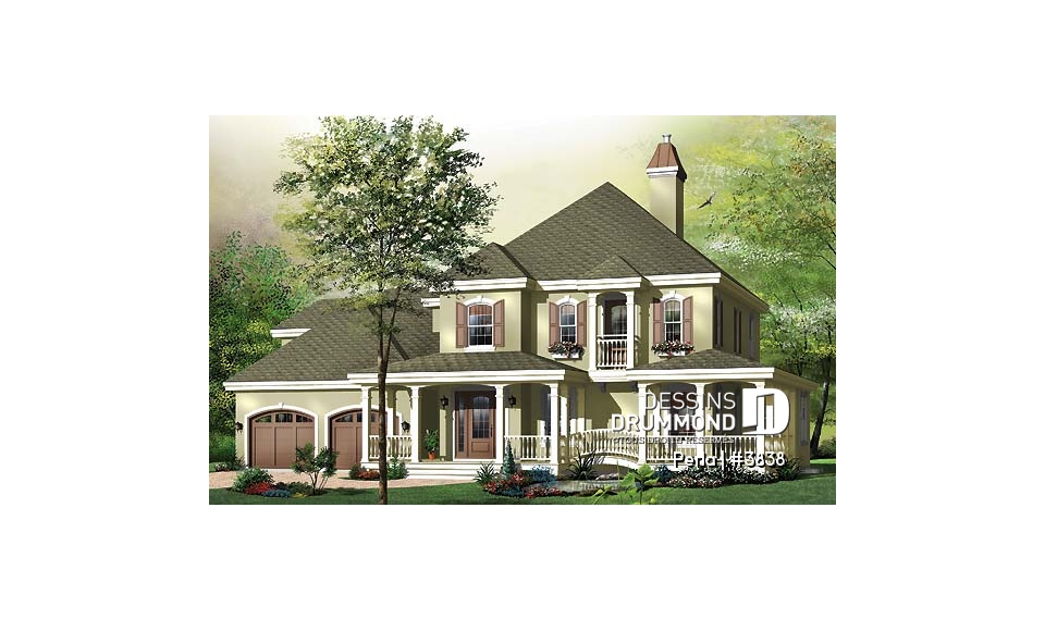 Vue avant - MODÈLE DE BASE - Maison d'inspiration espagnole, 3 à 4 chambres, grande chambres des maîtres, grande suicine, garage double - Perla