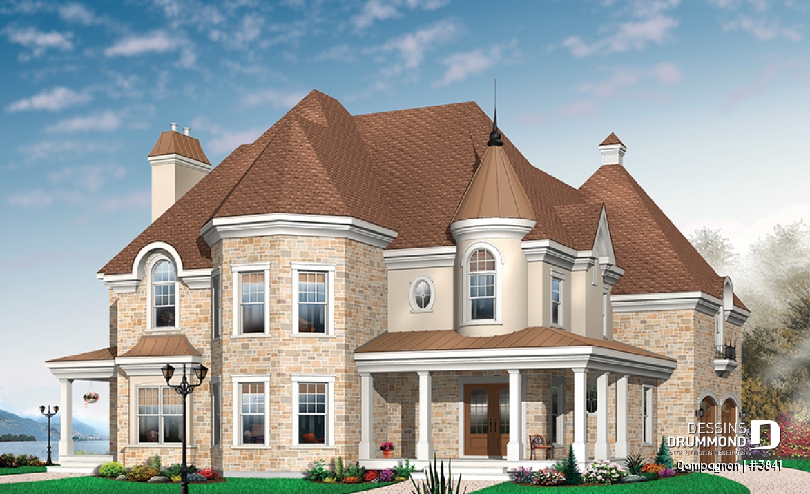 Vue avant - MODÈLE DE BASE - Plan de maison style château garage double, 3 à 4 chambres, bureau, buanderie, coin déjeuner en solarium - Compagnon
