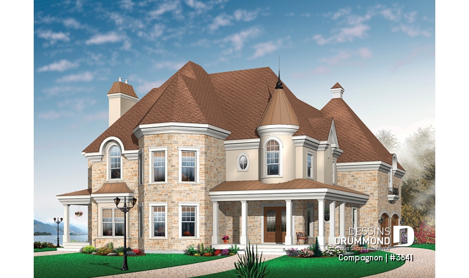 Vue avant - MODÈLE DE BASE - Plan de maison style château garage double, 3 à 4 chambres, bureau, buanderie, coin déjeuner en solarium - Compagnon