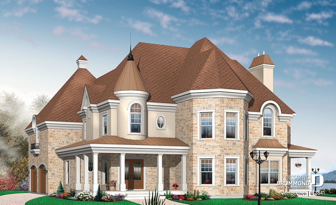 Vue avant - MODÈLE DE BASE - Plan de maison style château garage double, 3 à 4 chambres, bureau, buanderie, coin déjeuner en solarium - Compagnon