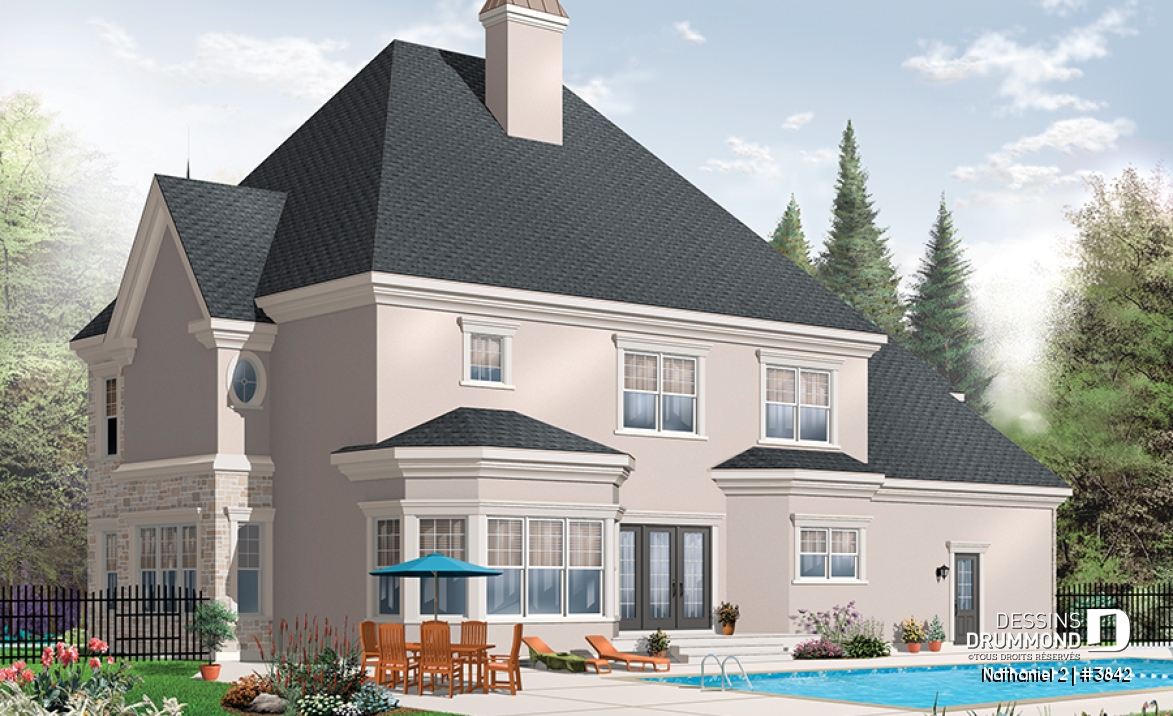 Vue arrière - MODÈLE DE BASE - Plan de maison luxueuse, garage triple, 2 suites des maîtres, grand espace boni, bureau, salle télé, foyer - Nathaniel 2