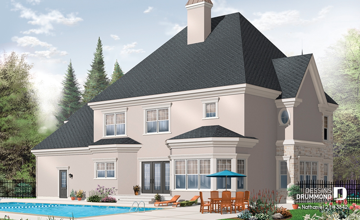 Vue arrière - MODÈLE DE BASE - Plan de maison luxueuse, garage triple, 2 suites des maîtres, grand espace boni, bureau, salle télé, foyer - Nathaniel 2