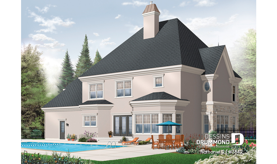 Vue arrière - MODÈLE DE BASE - Plan de maison luxueuse, garage triple, 2 suites des maîtres, grand espace boni, bureau, salle télé, foyer - Nathaniel 2