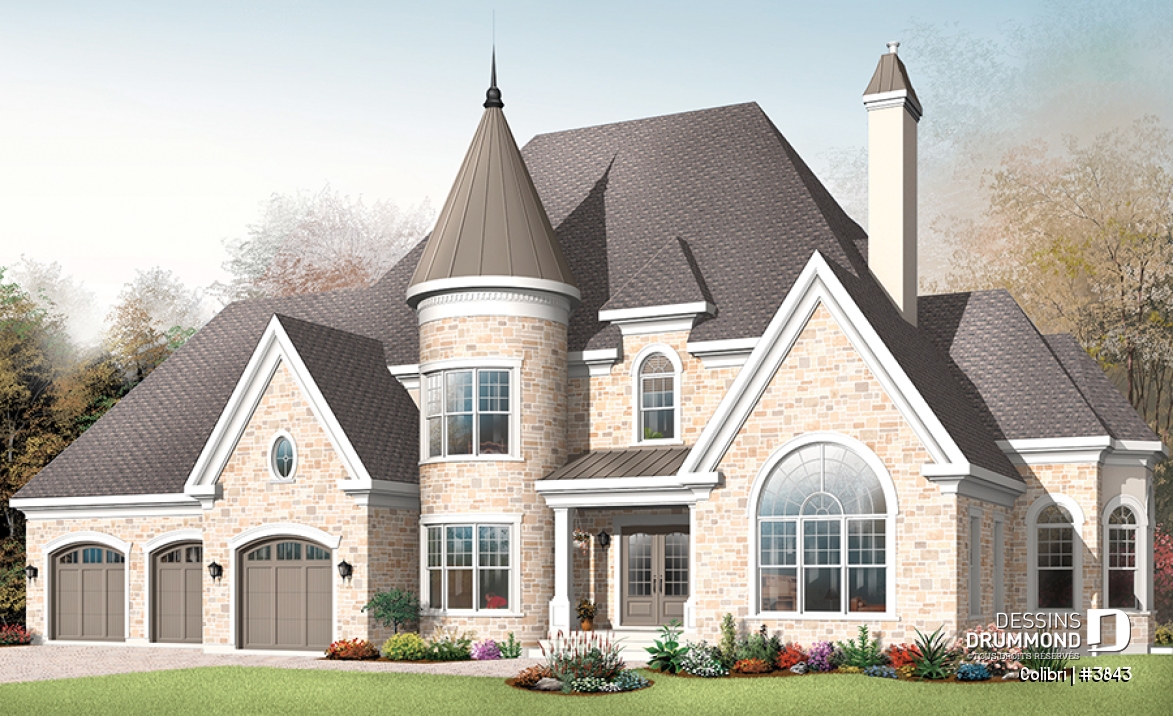 Vue avant - MODÈLE DE BASE - Plan de maison avec 3 suites des maîtres, garage triple, 2 salons, grande salle à manger, 3 foyers - Colibri