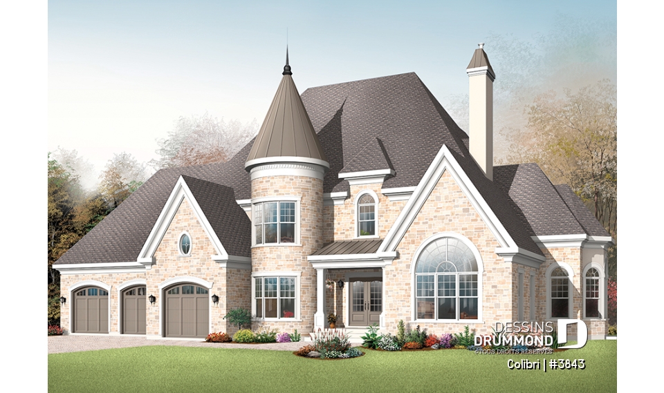 Vue avant - MODÈLE DE BASE - Plan de maison avec 3 suites des maîtres, garage triple, 2 salons, grande salle à manger, 3 foyers - Colibri