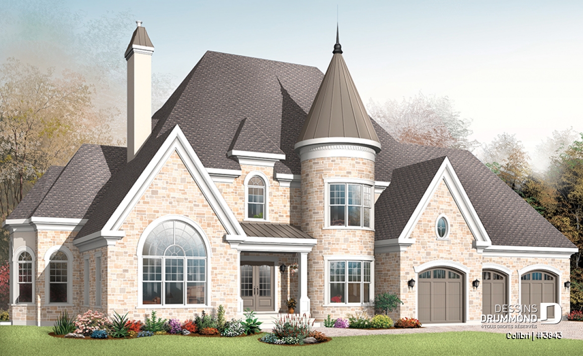 Vue avant - MODÈLE DE BASE - Plan de maison avec 3 suites des maîtres, garage triple, 2 salons, grande salle à manger, 3 foyers - Colibri