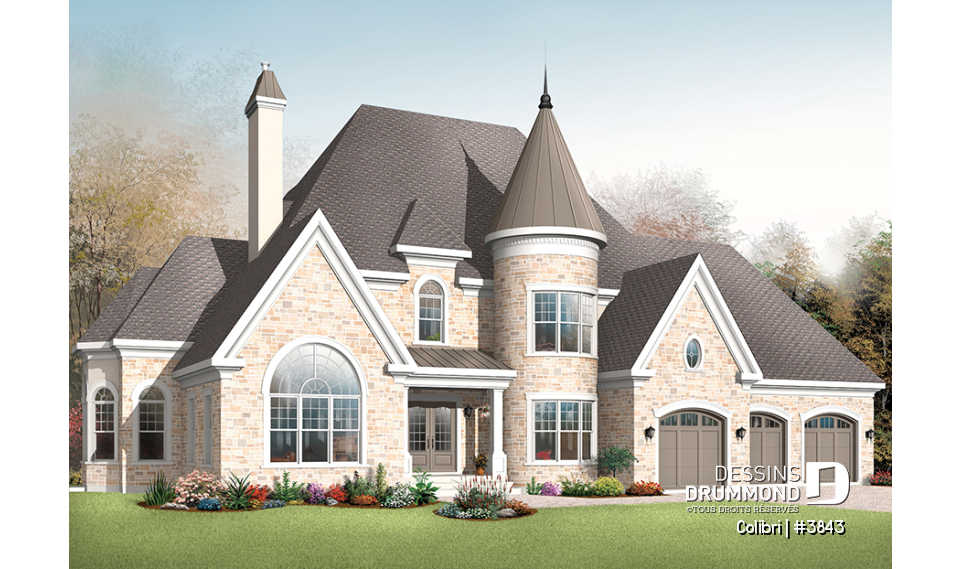 Vue avant - MODÈLE DE BASE - Plan de maison avec 3 suites des maîtres, garage triple, 2 salons, grande salle à manger, 3 foyers - Colibri