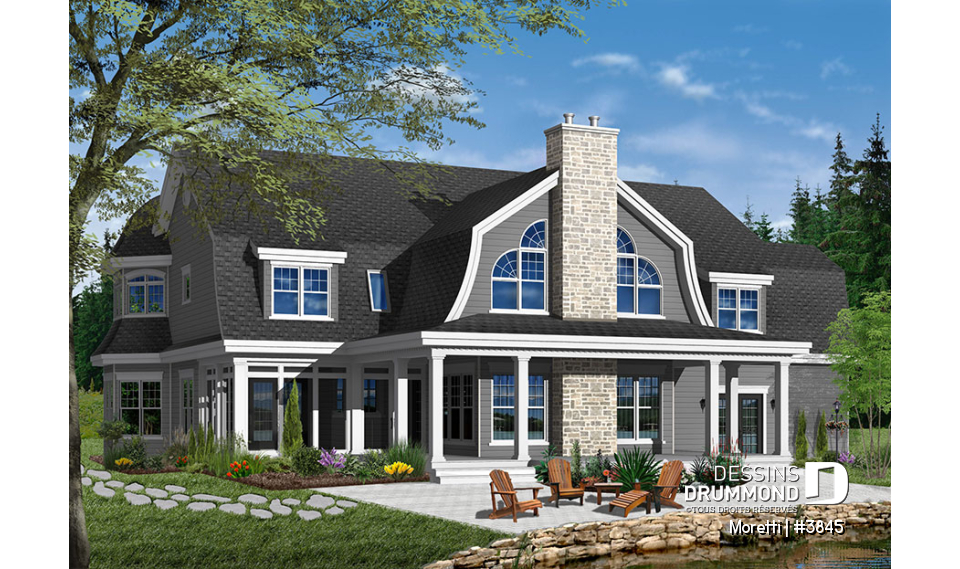 Version couleur no. 3 - Vue arrière - Plan de style champêtre, 4 chambres, coin buanderie au r-d-c, garage triple, 2 foyers, superbe suite parents - Moretti