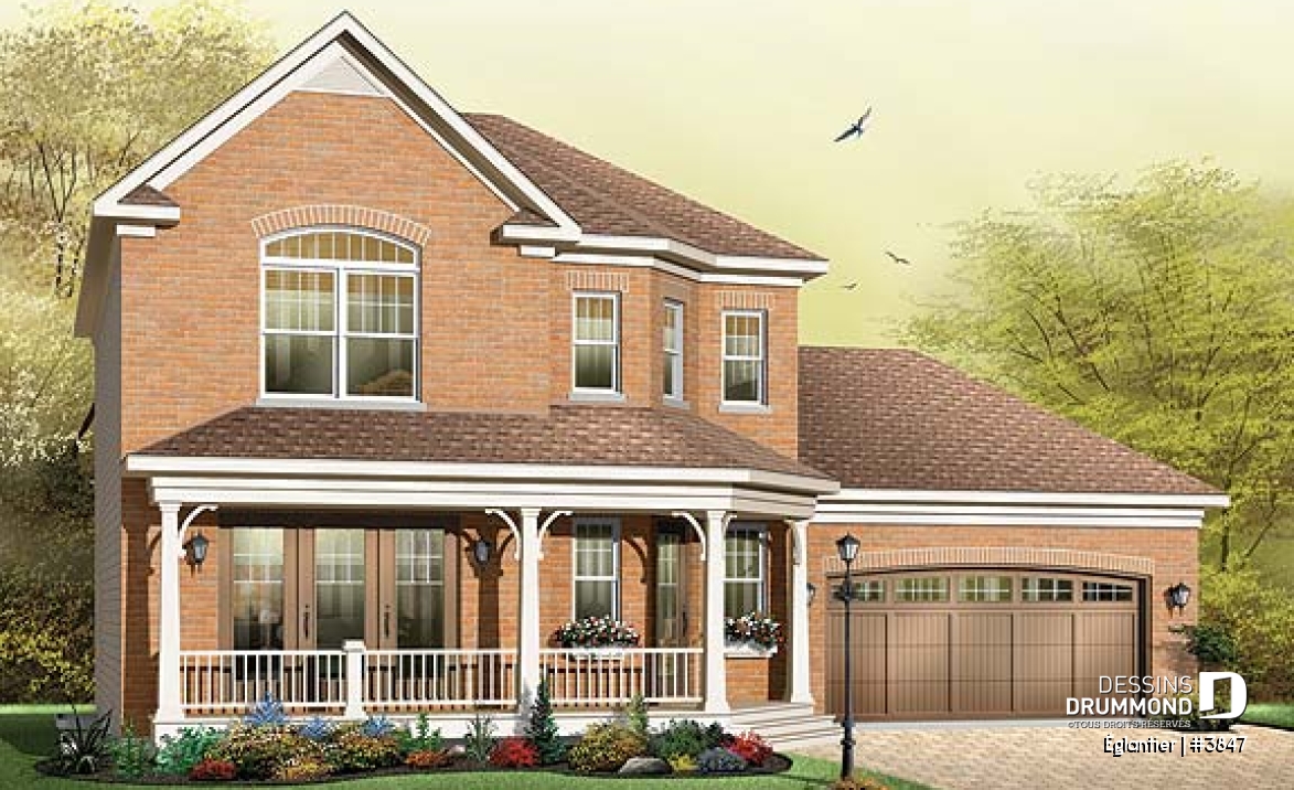 Vue avant - MODÈLE DE BASE - Maison à étage de style européen, garage double, superbe suite des maîtres à l'étage, 3 chambres - Églantier