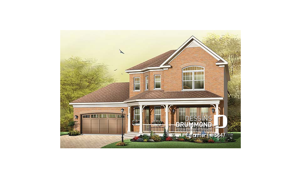 Vue avant - MODÈLE DE BASE - Maison à étage de style européen, garage double, superbe suite des maîtres à l'étage, 3 chambres - Églantier