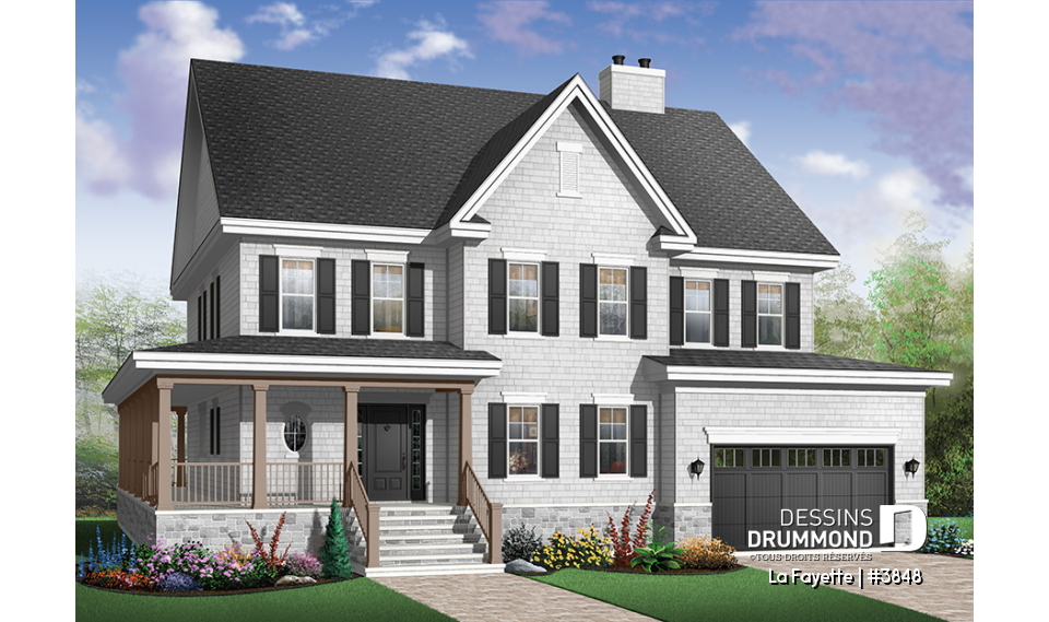 Version couleur no. 1 - Vue avant - Plan de maison farmhouse américaine, grande suite des maîtres, 4 à 5 chambres, bureau, plafond 9' - La Fayette