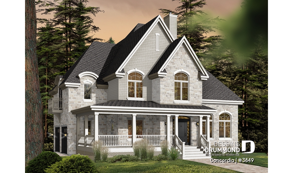 Version couleur no. 1 - Vue avant - Plan de maison classique, 4 chambres, 2.5 salles de bain, garage double, bureau, foyer, vestibule - Concordia
