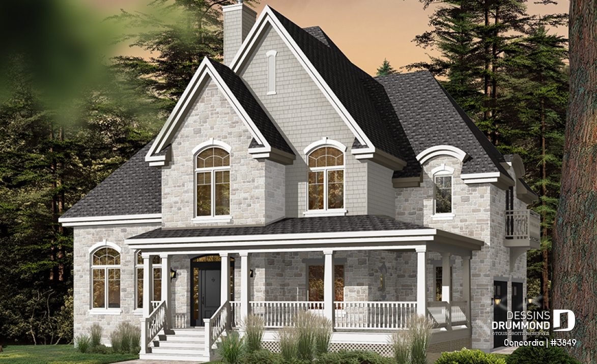 Version couleur no. 1 - Vue avant - Plan de maison classique, 4 chambres, 2.5 salles de bain, garage double, bureau, foyer, vestibule - Concordia