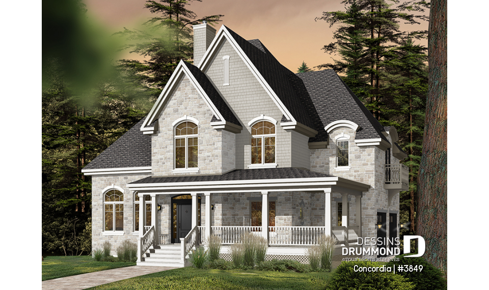 Version couleur no. 1 - Vue avant - Plan de maison classique, 4 chambres, 2.5 salles de bain, garage double, bureau, foyer, vestibule - Concordia