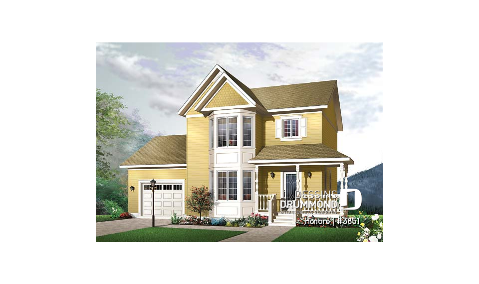 Vue avant - MODÈLE DE BASE - Plan de maison d'inspiration victorienne , 3 chambres, garage, salle de lavage au rez-de-chaussée - Honoré