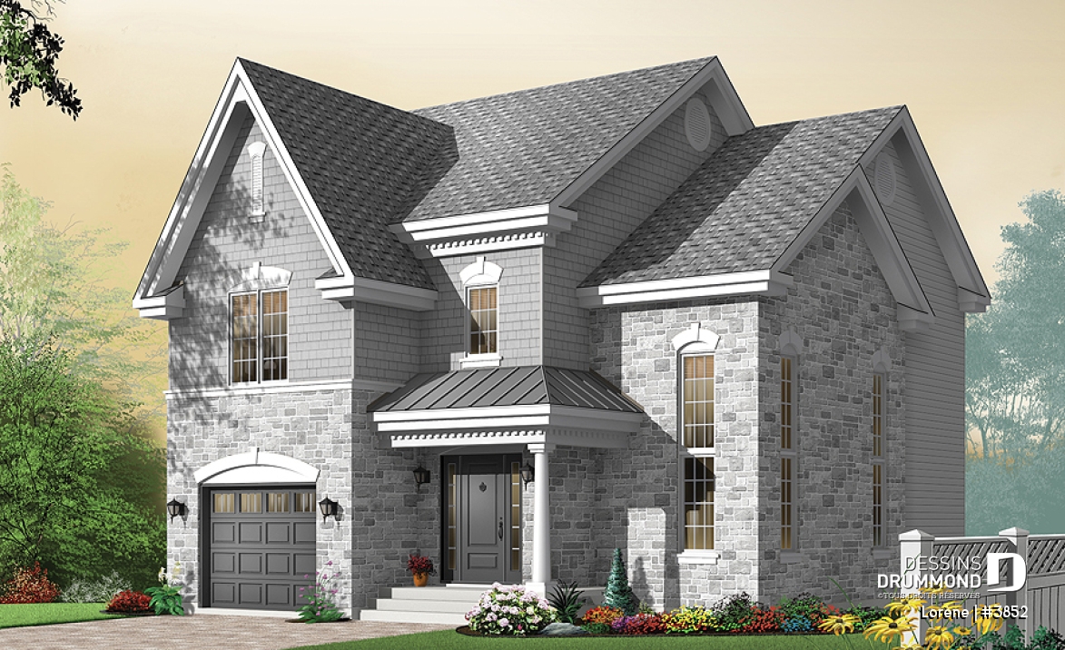 Vue avant - MODÈLE DE BASE - Plan de maison chic avec 3 chambres avec plafond 15' au salon et garage - Lorène
