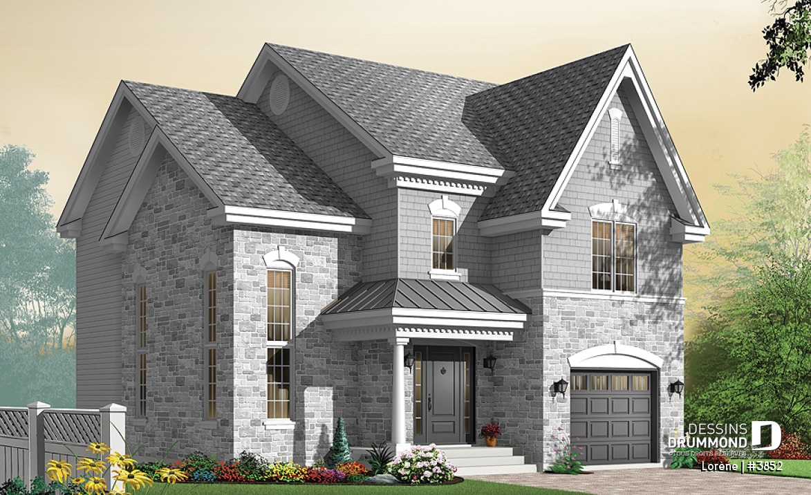 Vue avant - MODÈLE DE BASE - Plan de maison chic avec 3 chambres avec plafond 15' au salon et garage - Lorène