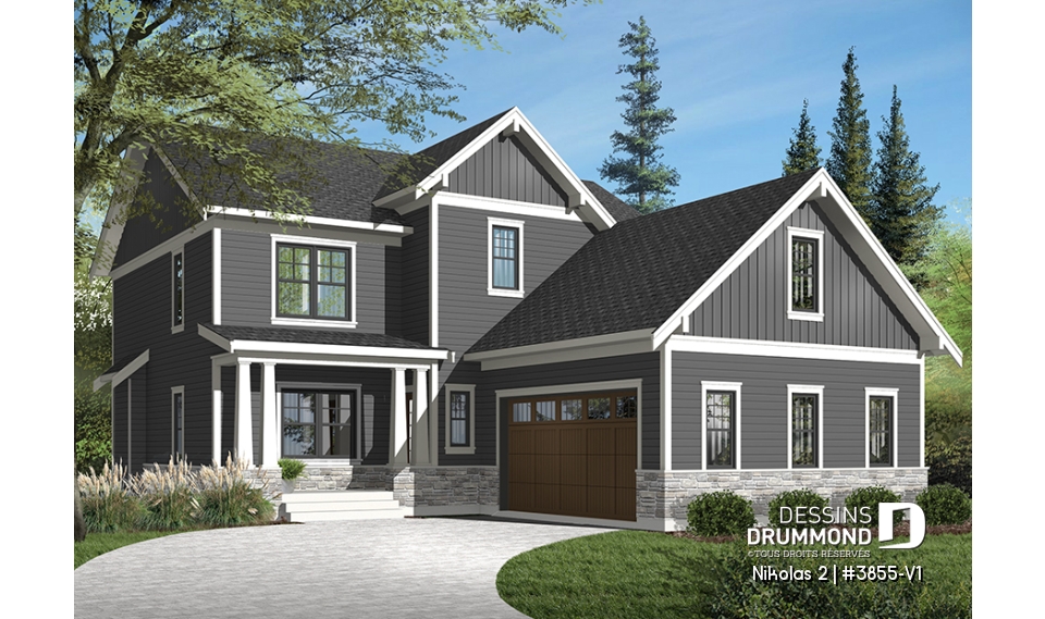 Version couleur no. 3 - Vue avant - Plan de maison Farmhouse, 3-4 chambres, chambre parents avec balcon, terrasse, bureau, foyer, buanderie au rdc - Nikolas 2