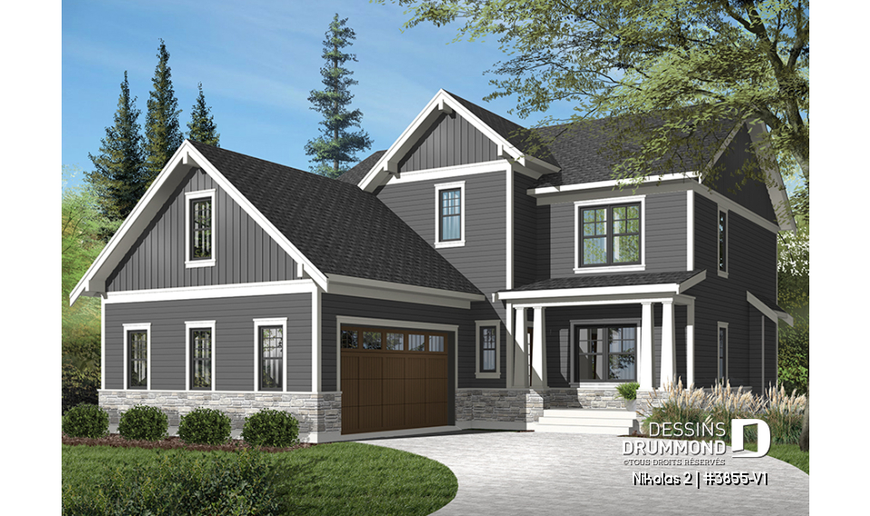 Version couleur no. 3 - Vue avant - Plan de maison Farmhouse, 3-4 chambres, chambre parents avec balcon, terrasse, bureau, foyer, buanderie au rdc - Nikolas 2