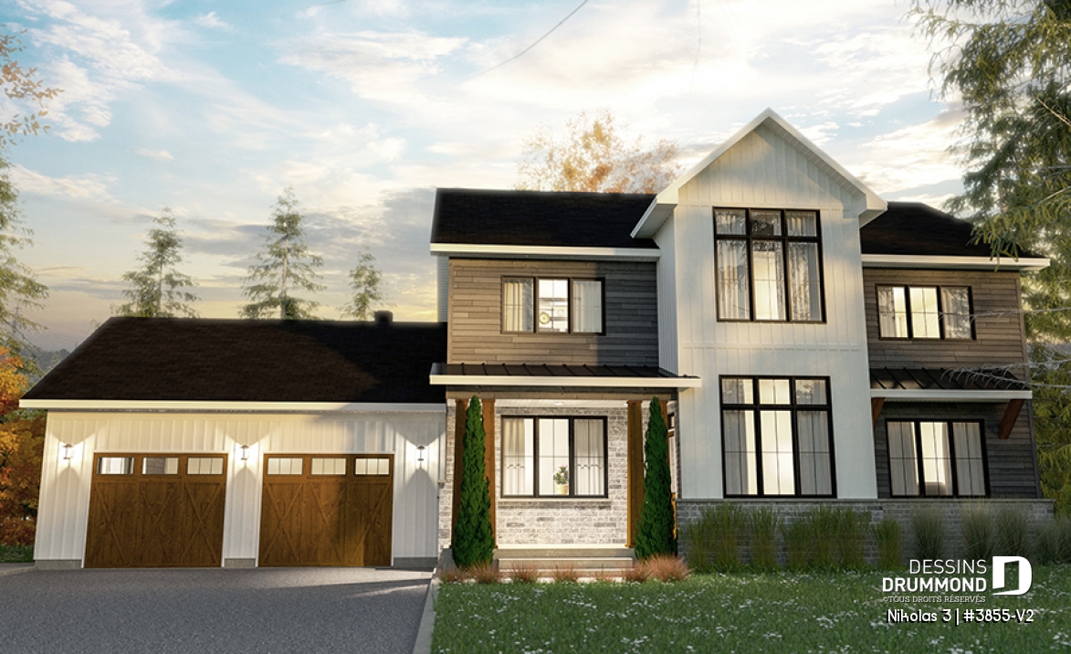 Vue avant - MODÈLE DE BASE - Plan 2 étages de 4 chambres avec garage double, bureau, garde-manger, vestiaire et suite des maîtres - Nikolas 3