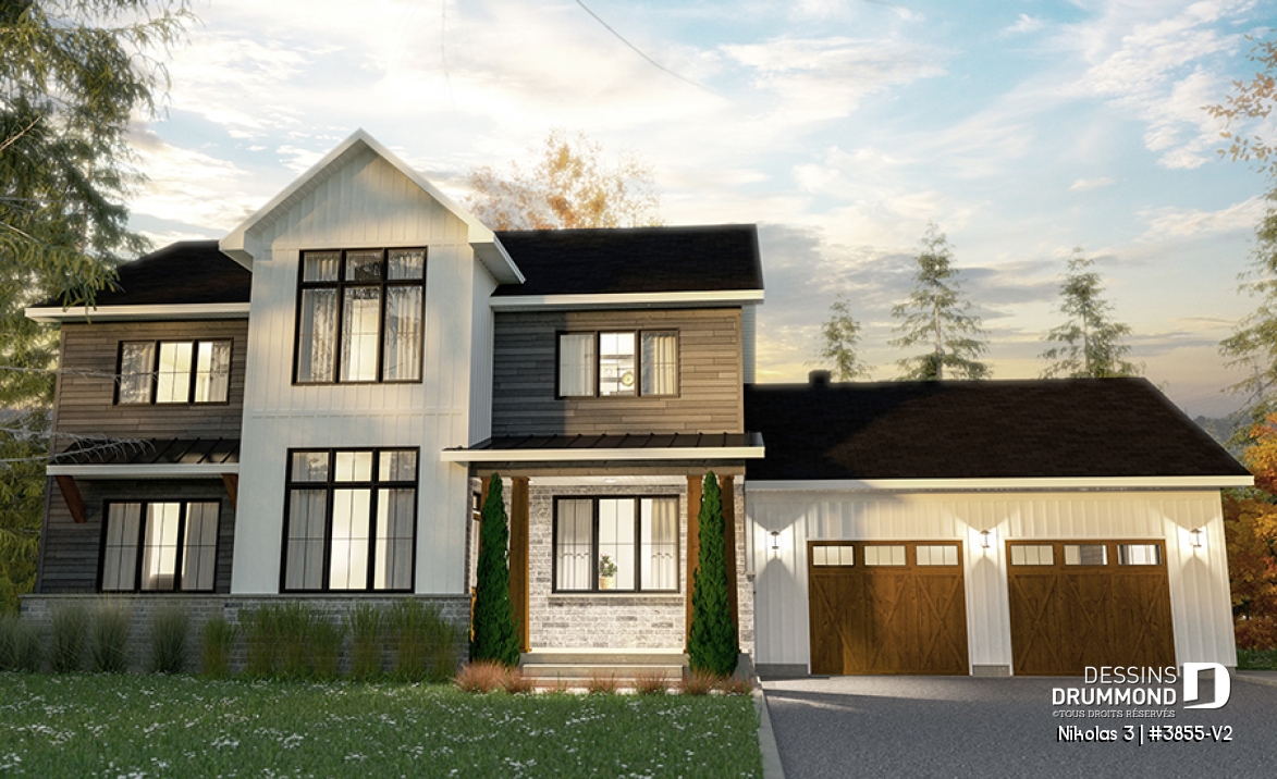 Vue avant - MODÈLE DE BASE - Plan 2 étages de 4 chambres avec garage double, bureau, garde-manger, vestiaire et suite des maîtres - Nikolas 3