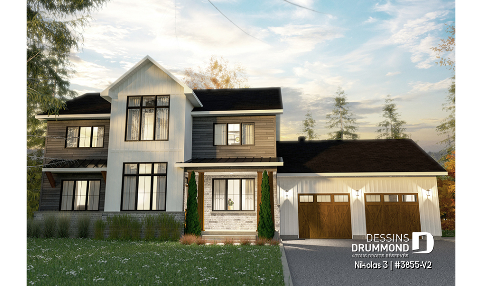 Vue avant - MODÈLE DE BASE - Plan 2 étages de 4 chambres avec garage double, bureau, garde-manger, vestiaire et suite des maîtres - Nikolas 3