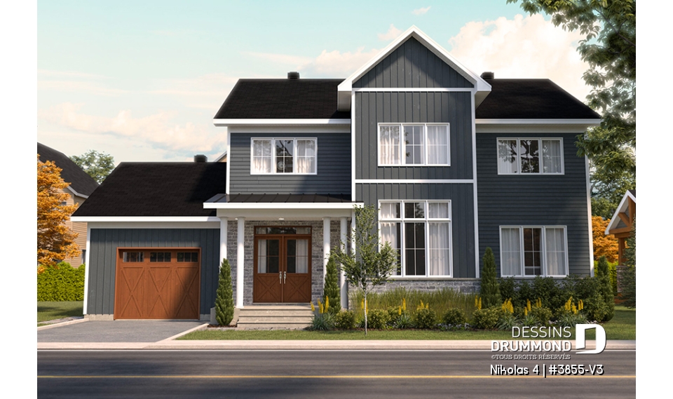 Vue avant - MODÈLE DE BASE - Magnifique plan de maison farmhouse champêtre 3 chambres, garage, bureau, vestiaire, garde-manger - Nikolas 4