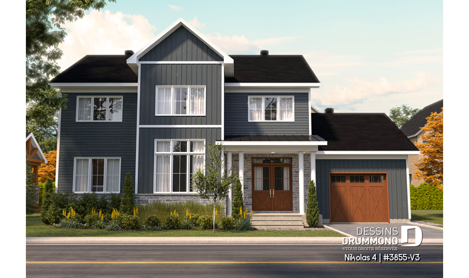 Vue avant - MODÈLE DE BASE - Magnifique plan de maison farmhouse champêtre 3 chambres, garage, bureau, vestiaire, garde-manger - Nikolas 4
