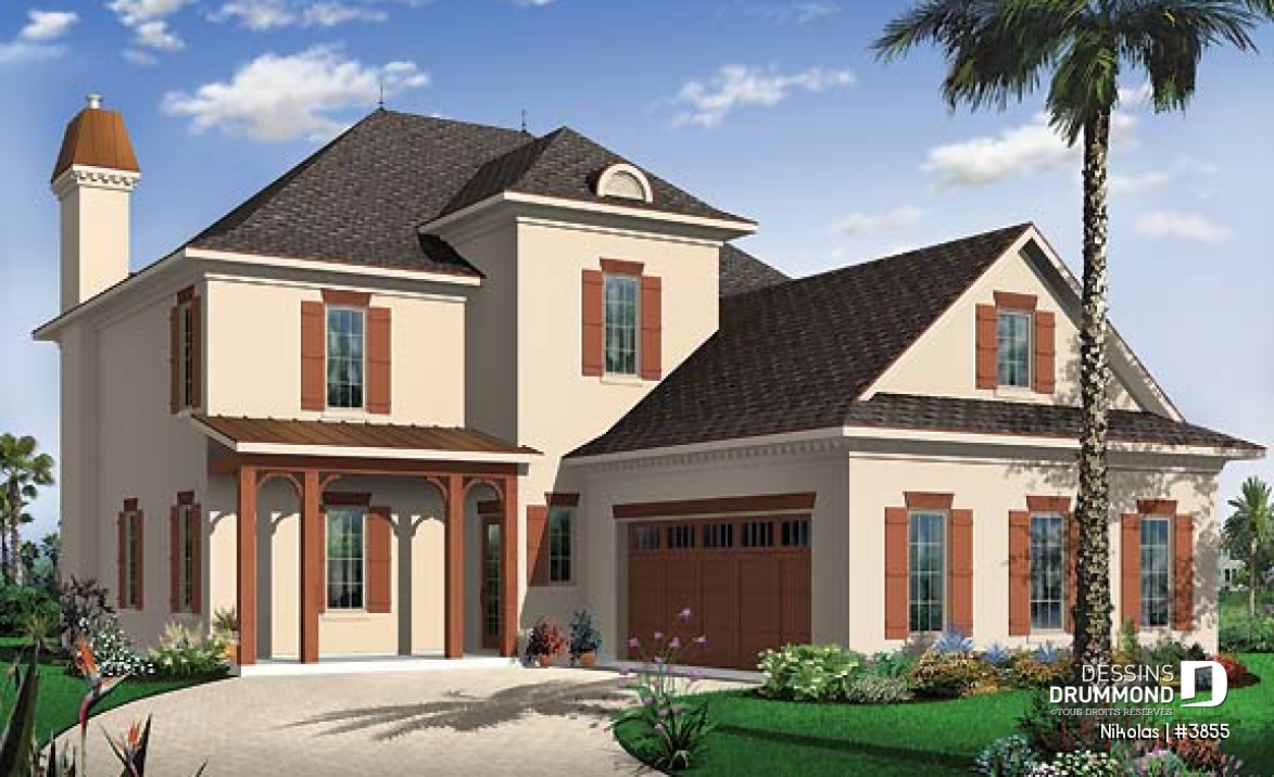 Vue avant - MODÈLE DE BASE - Plan de maison 4 chambres, garage double, chambre des parents avec balcon privé, bureau à domicile - Nikolas