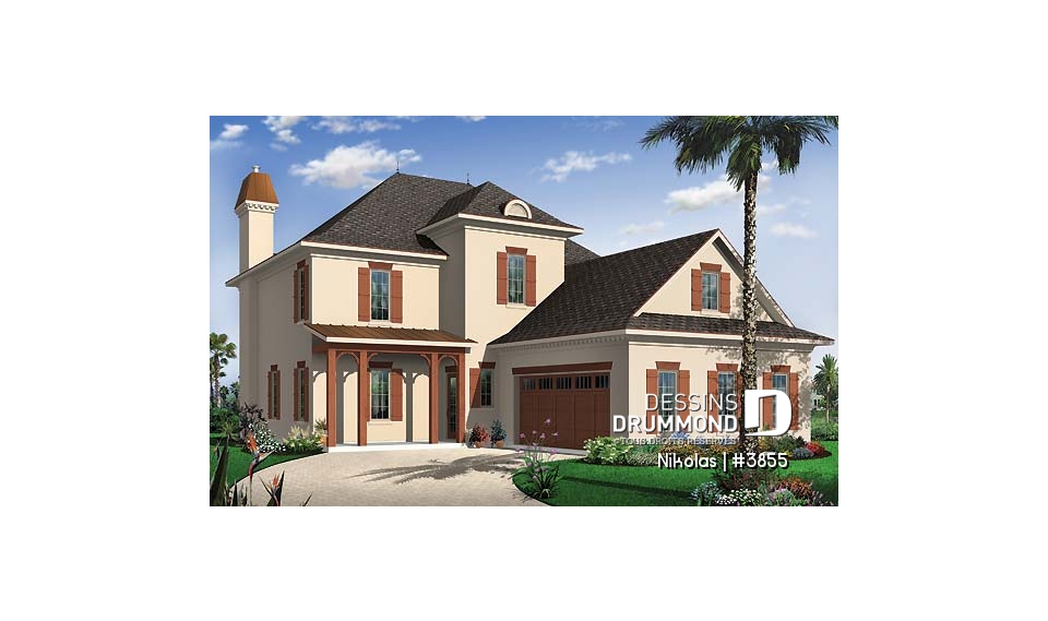 Vue avant - MODÈLE DE BASE - Plan de maison 4 chambres, garage double, chambre des parents avec balcon privé, bureau à domicile - Nikolas