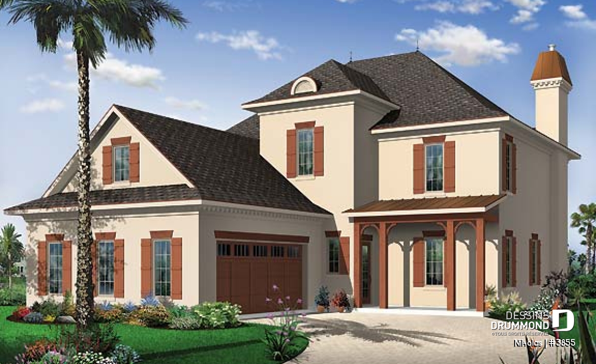 Vue avant - MODÈLE DE BASE - Plan de maison 4 chambres, garage double, chambre des parents avec balcon privé, bureau à domicile - Nikolas