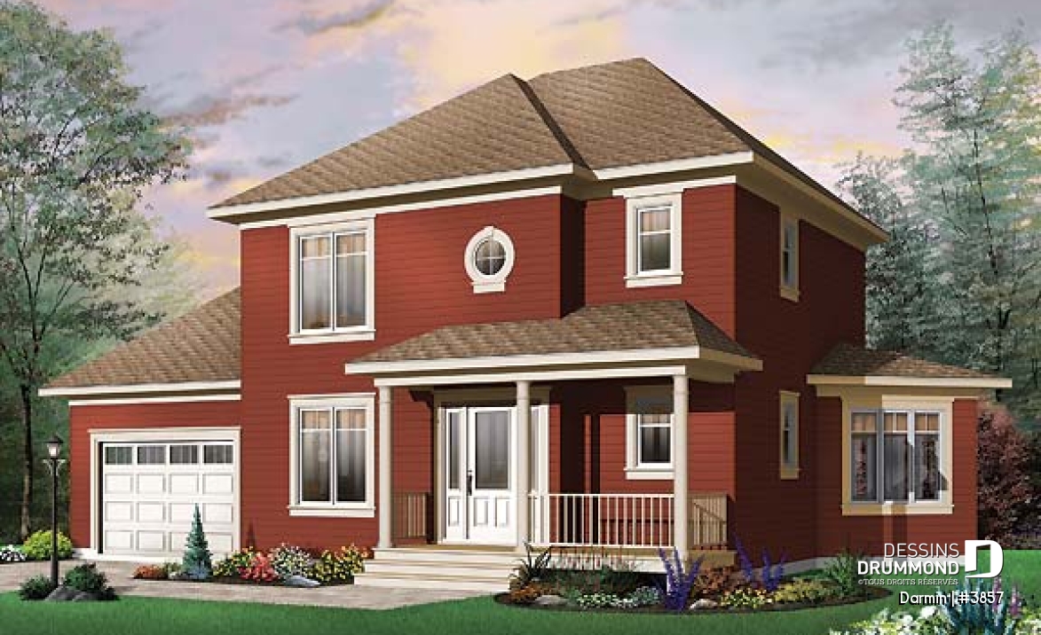 Vue avant - MODÈLE DE BASE - Plan de maison à étage avec 3 chambres et garage, superbe salon avec beaucoup de fenêtres - Darmin