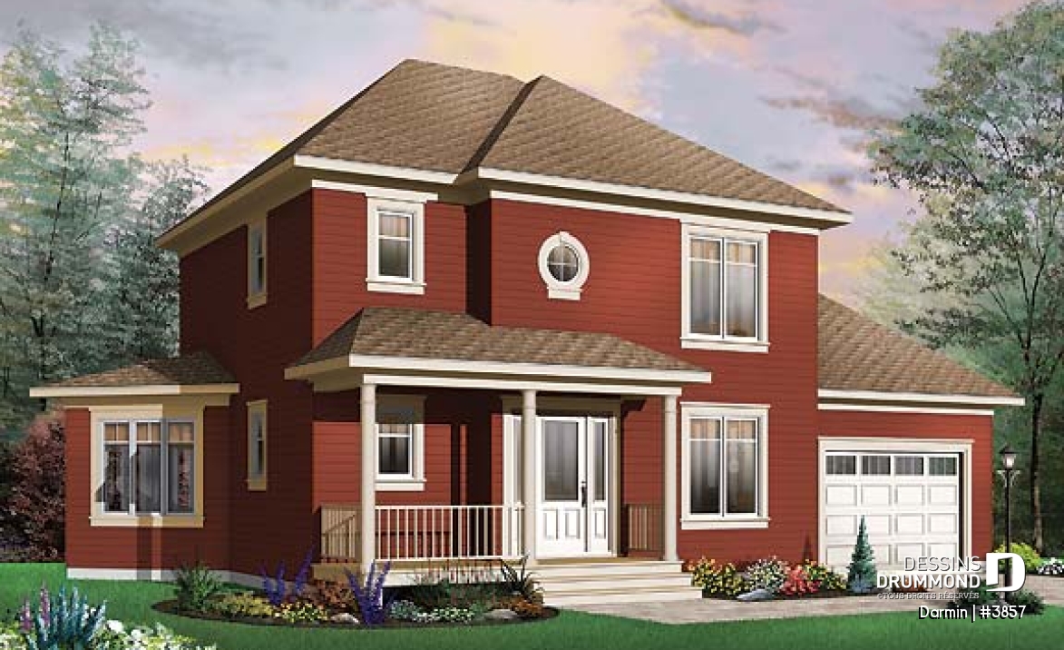 Vue avant - MODÈLE DE BASE - Plan de maison à étage avec 3 chambres et garage, superbe salon avec beaucoup de fenêtres - Darmin