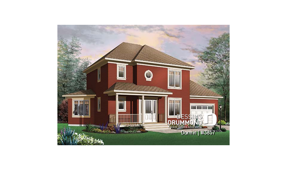 Vue avant - MODÈLE DE BASE - Plan de maison à étage avec 3 chambres et garage, superbe salon avec beaucoup de fenêtres - Darmin