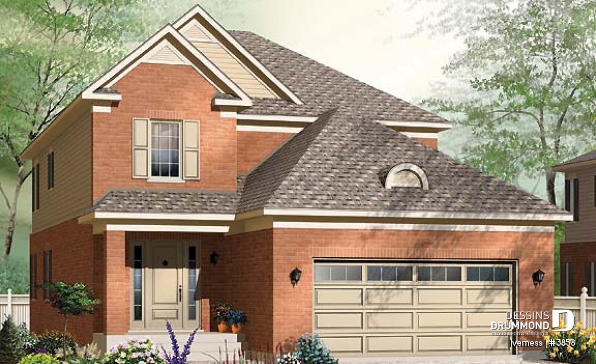 Vue avant - MODÈLE DE BASE - Plan de cottage conçu pour terrain étroit, 3 chambres, bureau à domicile, garage double, superbe plancher - Iverness