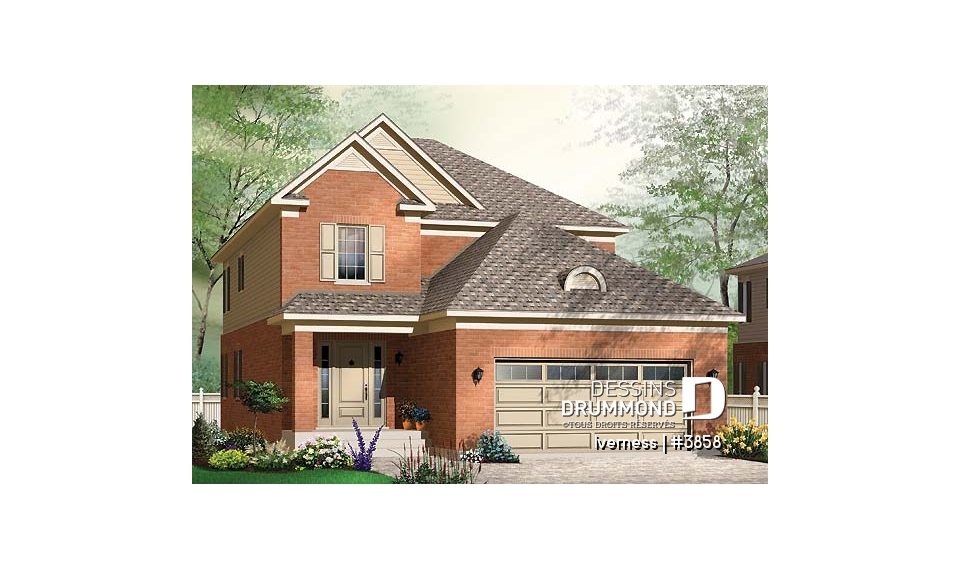 Vue avant - MODÈLE DE BASE - Plan de cottage conçu pour terrain étroit, 3 chambres, bureau à domicile, garage double, superbe plancher - Iverness