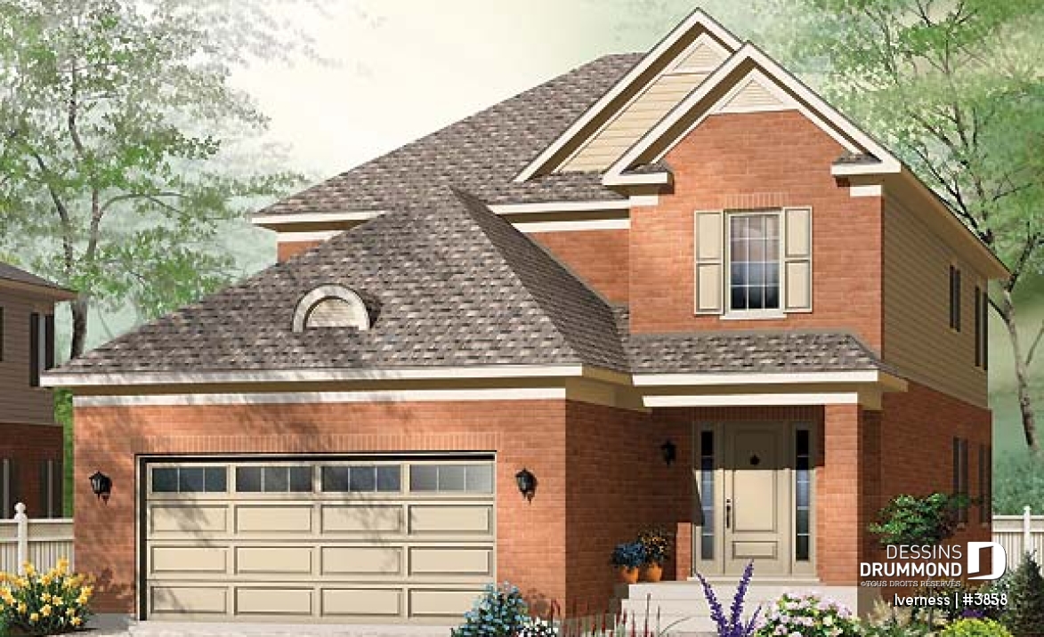Vue avant - MODÈLE DE BASE - Plan de cottage conçu pour terrain étroit, 3 chambres, bureau à domicile, garage double, superbe plancher - Iverness