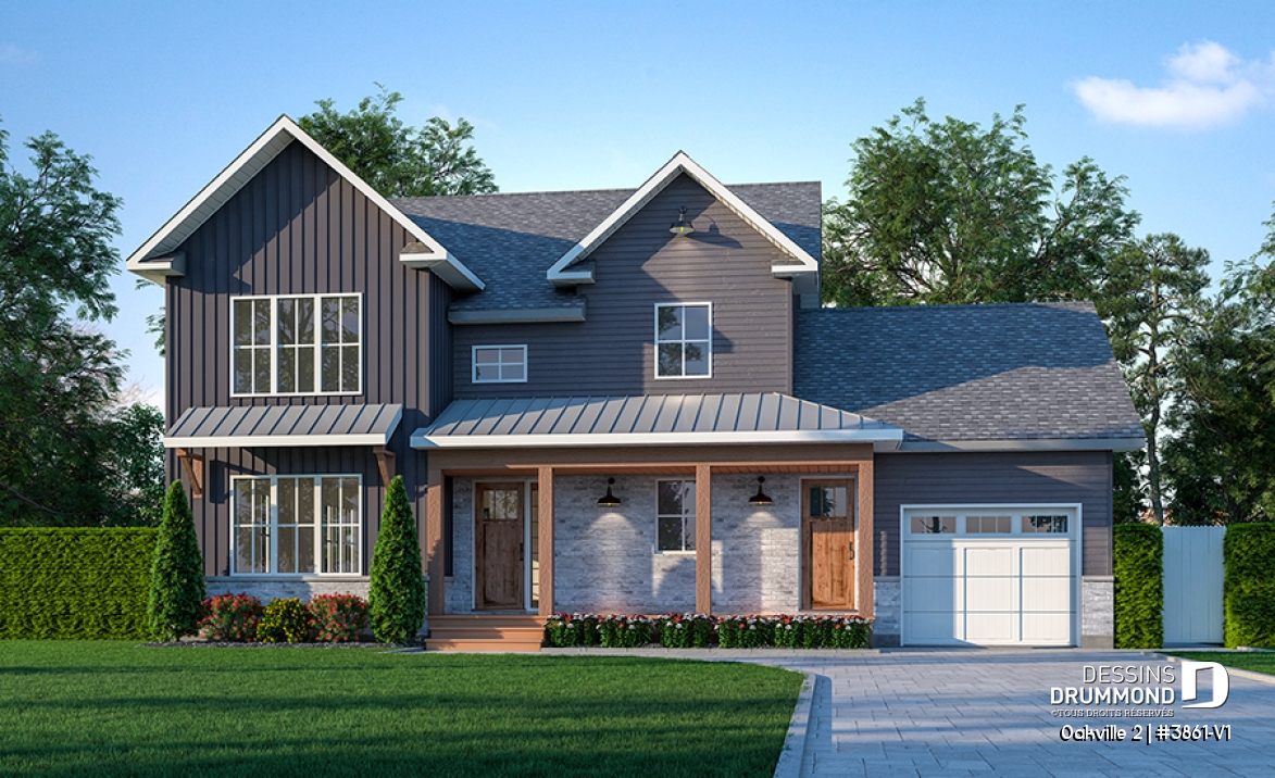 Vue avant - MODÈLE DE BASE - Plan de maison Farmhouse à étage, 3 chambres + bureau, garage simple, grande cuisine avec garde-manger - Oakville 2
