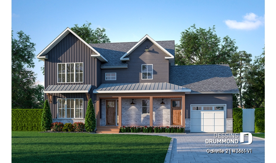 Vue avant - MODÈLE DE BASE - Plan de maison Farmhouse à étage, 3 chambres + bureau, garage simple, grande cuisine avec garde-manger - Oakville 2