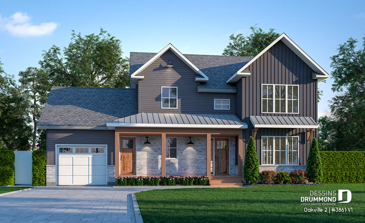 Vue avant - MODÈLE DE BASE - Plan de maison Farmhouse à étage, 3 chambres + bureau, garage simple, grande cuisine avec garde-manger - Oakville 2