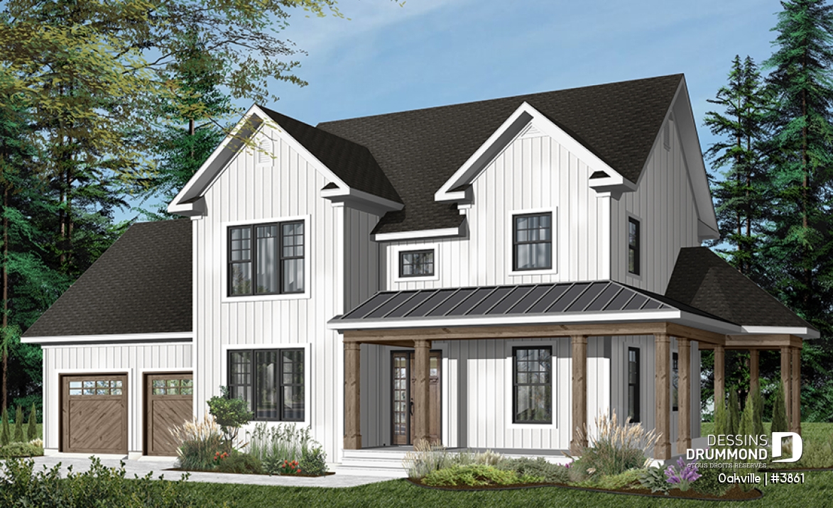 Version couleur no. 1 - Vue avant - Plan de maison style farmhouse, 3 chambres avec garage double, bureau à domicile, buanderie à l'étage - Oakville