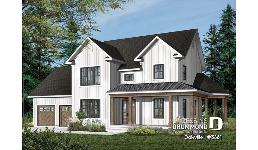 Version couleur no. 1 - Vue avant - Plan de maison style farmhouse, 3 chambres avec garage double, bureau à domicile, buanderie à l'étage - Oakville