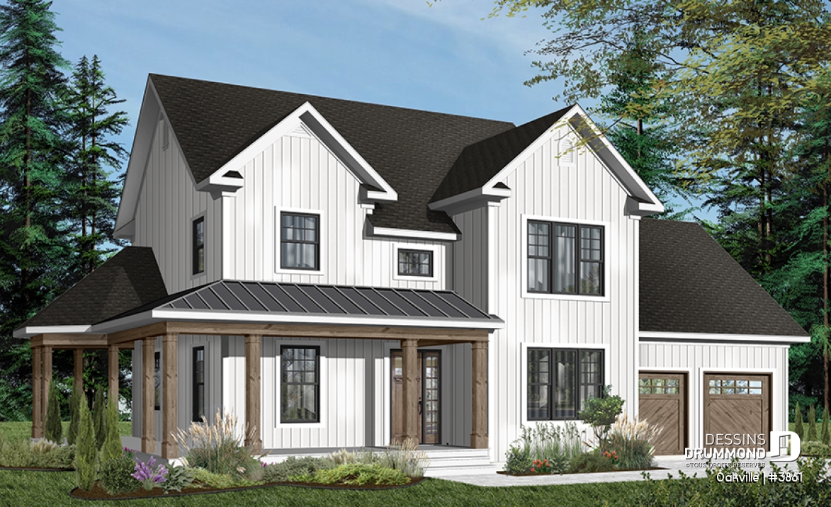Version couleur no. 1 - Vue avant - Plan de maison style farmhouse, 3 chambres avec garage double, bureau à domicile, buanderie à l'étage - Oakville