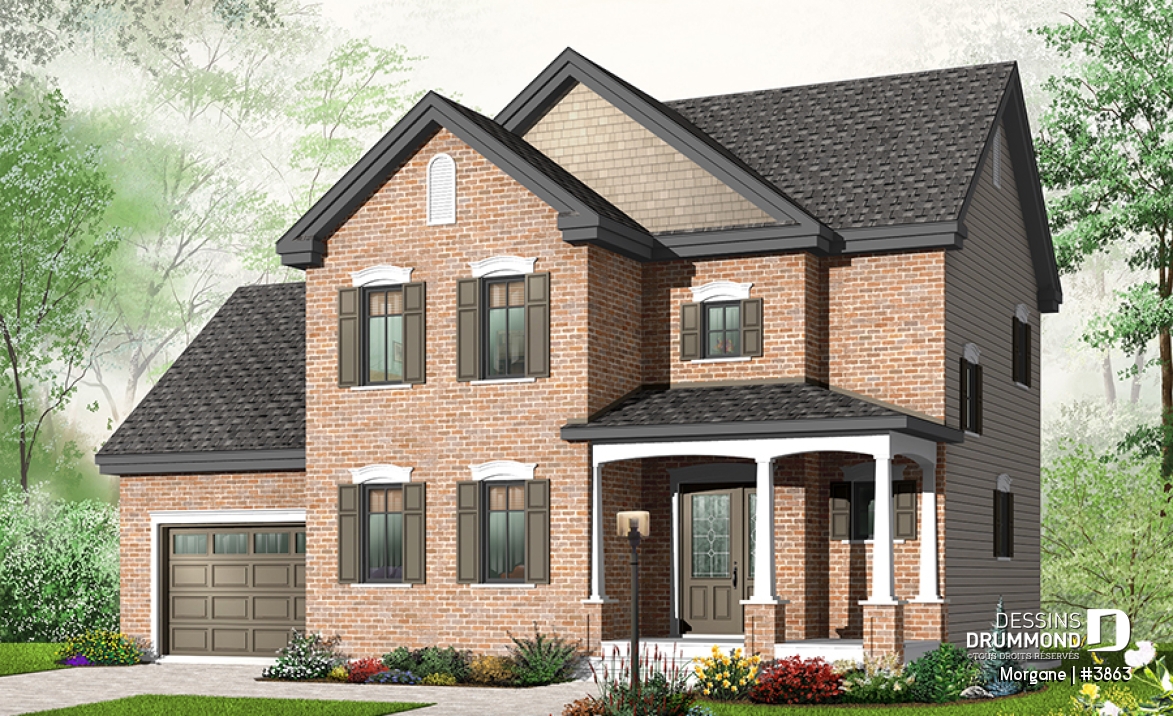 Vue avant - MODÈLE DE BASE - Plan de maison champêtre avec garage, 3 chambres, foyer et plafond élevé - Morgane