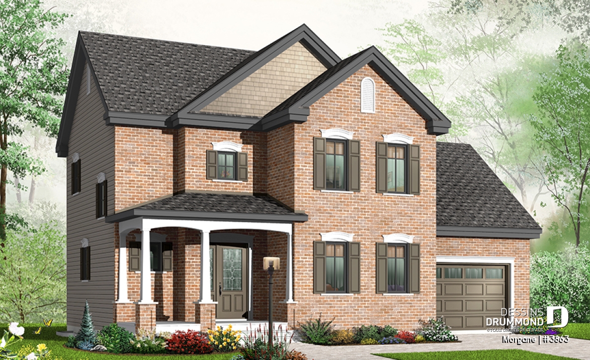 Vue avant - MODÈLE DE BASE - Plan de maison champêtre avec garage, 3 chambres, foyer et plafond élevé - Morgane