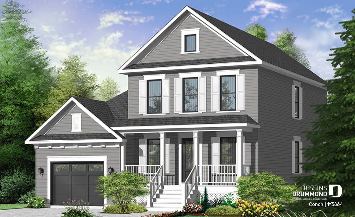 Vue avant - MODÈLE DE BASE - Plan de maison avec garage, superbe foyer, balcon à la salle à manger, 3 chambres, buanderie à l'étage - Conch