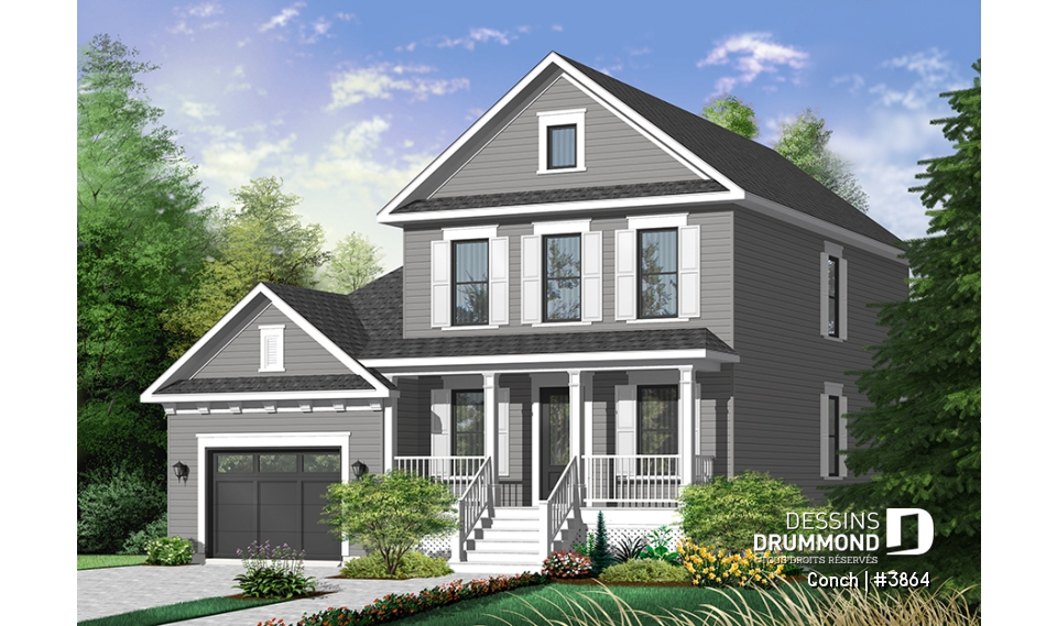 Vue avant - MODÈLE DE BASE - Plan de maison avec garage, superbe foyer, balcon à la salle à manger, 3 chambres, buanderie à l'étage - Conch